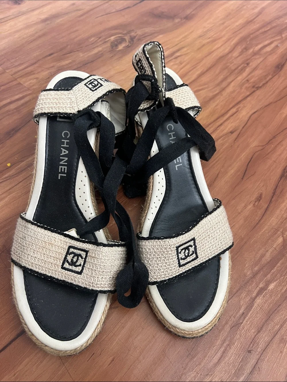 CHANEL Cream and Black Espadrille Sandals with Ankle Ties